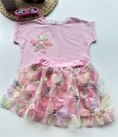 Çiçekli Tüllü Kız Çocuk Elbise Takımı – Pembe