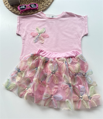 Çiçekli Tüllü Kız Çocuk Elbise Takımı – Pembe