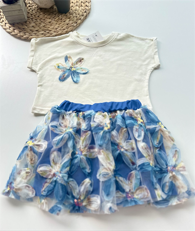 Çiçekli Tüllü Kız Çocuk Elbise Takımı – Mavi