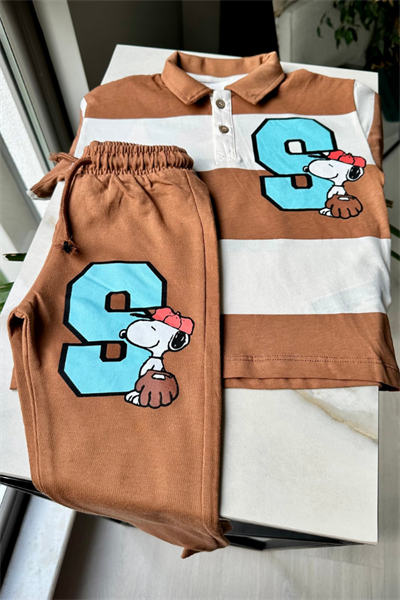 Erkek Çocuk Snoopy Baskılı Çizgili Polo Yaka Takım