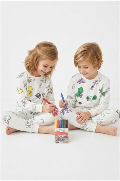 Çocuk Yeniden Boyanabilir Pijama Takımı ve 6lı Boya Kalem Seti