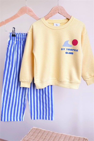 Çocuk Baskılı Sweatshirt ve Çizgili Eşofman Takım Sarı