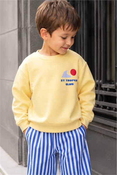 Çocuk Baskılı Sweatshirt ve Çizgili Eşofman Takım Sarı
