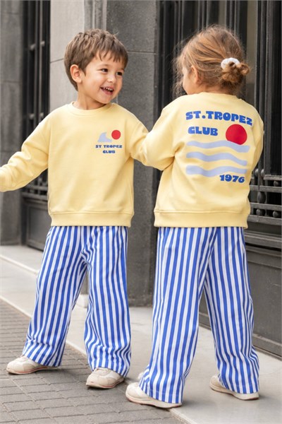 Çocuk Baskılı Sweatshirt ve Çizgili Eşofman Takım Sarı