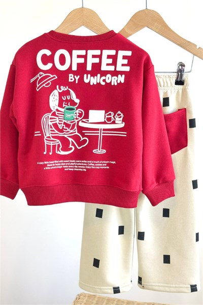 Çocuk Sırt Baskılı Sweatshirt ve Eşofman Takım Kırmızı