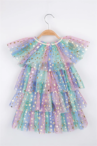 Çok Renkli Yıldız Baskılı Katlı Tül Kız Çocuk Elbise - Estela