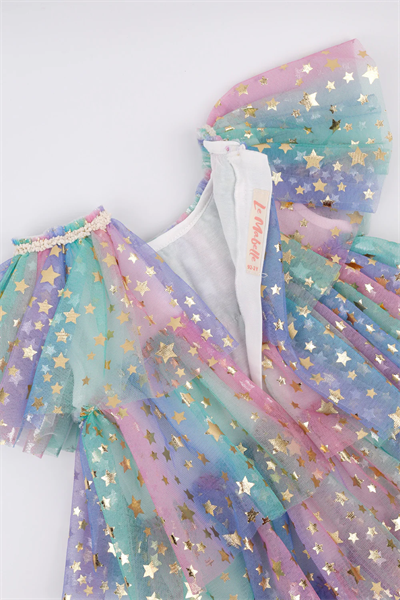 Çok Renkli Yıldız Baskılı Katlı Tül Kız Çocuk Elbise - Estela