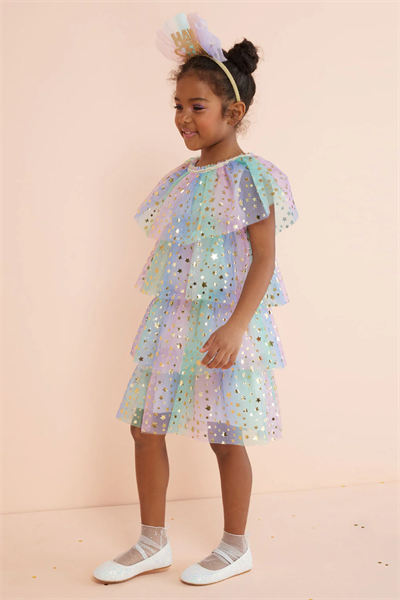 Çok Renkli Yıldız Baskılı Katlı Tül Kız Çocuk Elbise - Estela