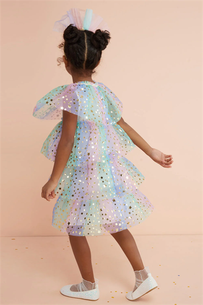 Çok Renkli Yıldız Baskılı Katlı Tül Kız Çocuk Elbise - Estela