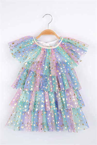 Çok Renkli Yıldız Baskılı Katlı Tül Kız Çocuk Elbise - Estela