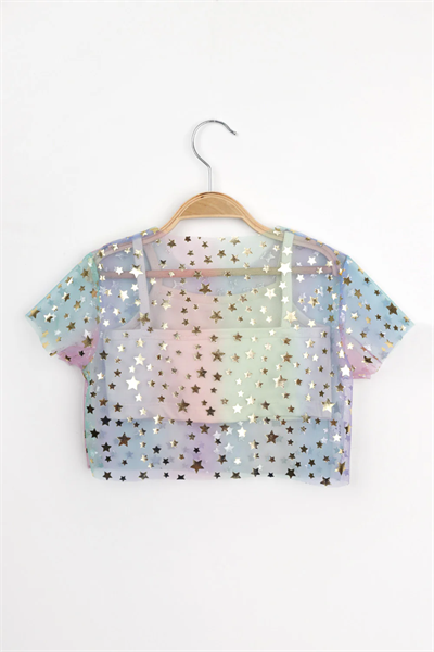 Çok Renkli Yıldız Baskılı Kız Çocuk Tül Crop