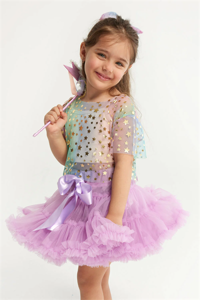 Çok Renkli Yıldız Baskılı Kız Çocuk Tül Crop