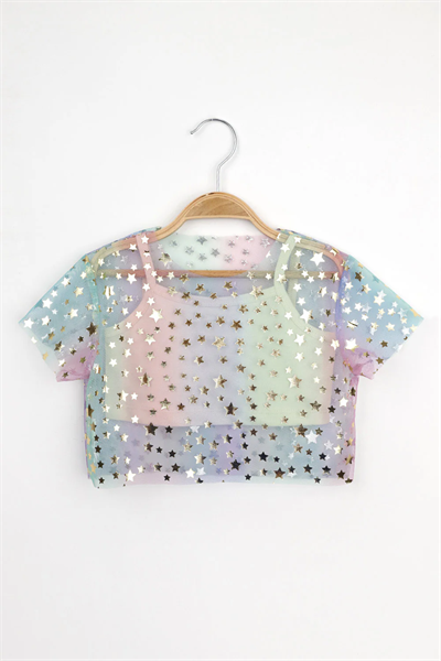 Çok Renkli Yıldız Baskılı Kız Çocuk Tül Crop