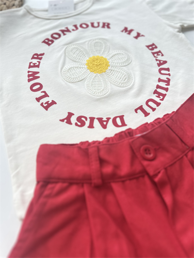 Kız Çocuk Çiçek Nakışlı Tişört ve Şort Takım Kırmızı