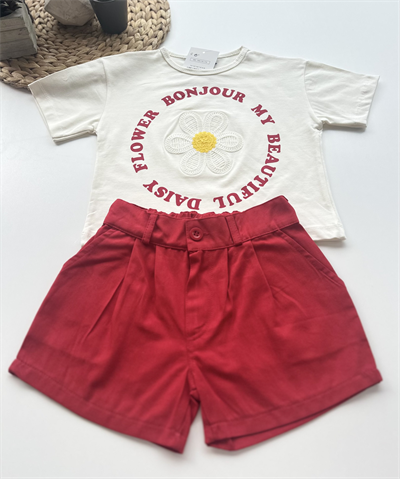 Kız Çocuk Çiçek Nakışlı Tişört ve Şort Takım Kırmızı