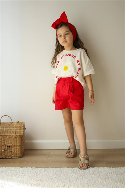 Kız Çocuk Çiçek Nakışlı Tişört ve Şort Takım Kırmızı