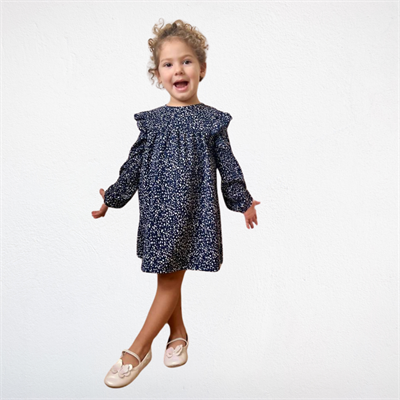 Kız Çocuk Damlacık Desenli Volan Detaylı Elbise Lacivert