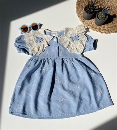 Kız Çocuk Dantel Yaka Detaylı Elbise Mavi