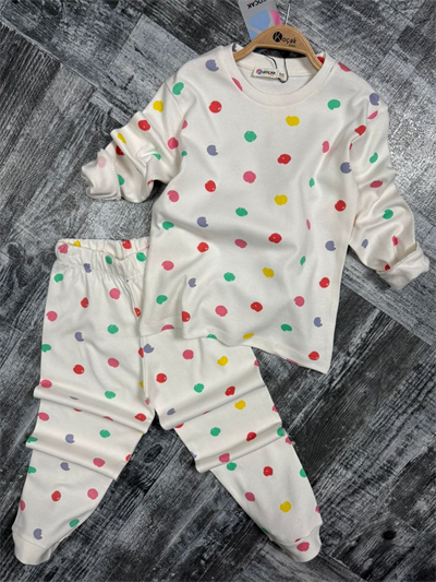 Kız Çocuk Pijama Takımı Renkli Puantiyeli Ekru