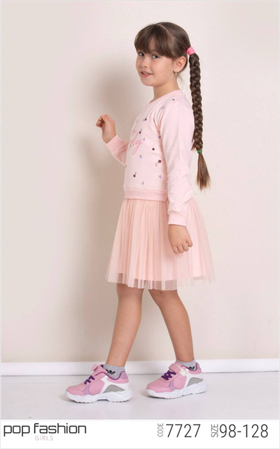 Kız Çocuk Baskılı Sweatshirt Tütü Etek Elbise Pembe