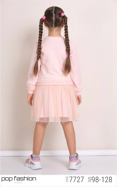 Kız Çocuk Baskılı Sweatshirt Tütü Etek Elbise Pembe