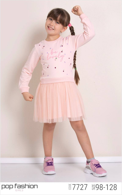 Kız Çocuk Baskılı Sweatshirt Tütü Etek Elbise Pembe