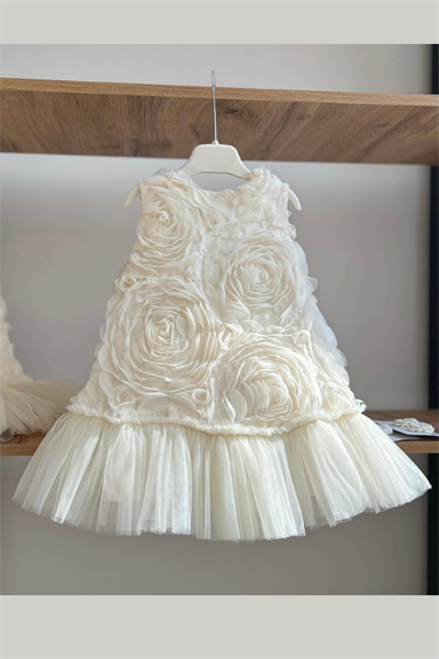 Kız Çocuk Güllü Elbise Ekru | Noblekids