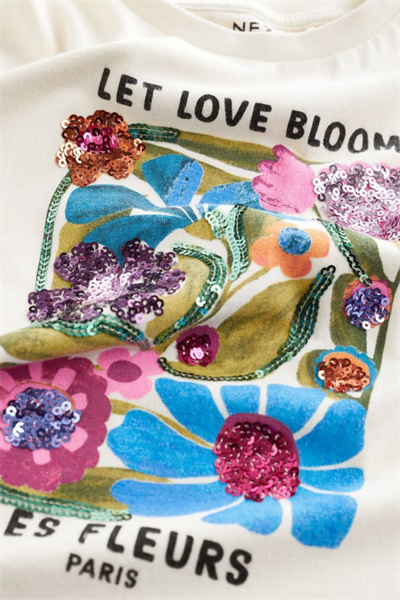 Kız Çocuk Pul İşlemeli Tişört Ekru