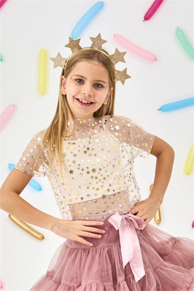 Ekru Yıldız Baskılı Kız Çocuk Tül Crop