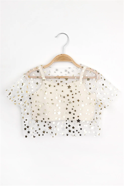 Ekru Yıldız Baskılı Kız Çocuk Tül Crop