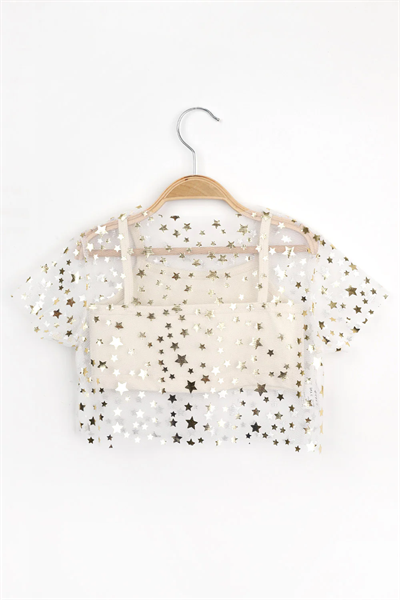 Ekru Yıldız Baskılı Kız Çocuk Tül Crop