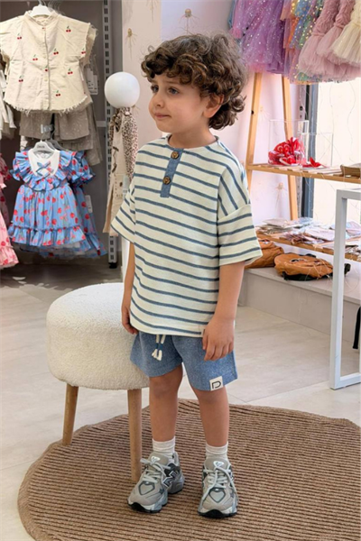 Erkek Çocuk Çizgili Tshirt Şort Takım - Mavi