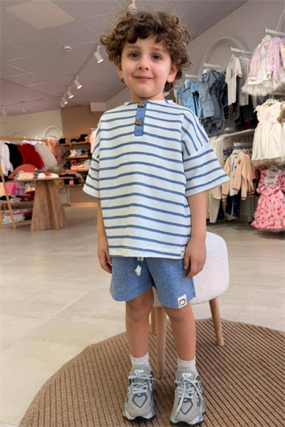 Erkek Çocuk Çizgili Tshirt Şort Takım - Mavi
