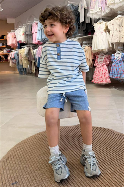 Erkek Çocuk Çizgili Tshirt Şort Takım - Mavi