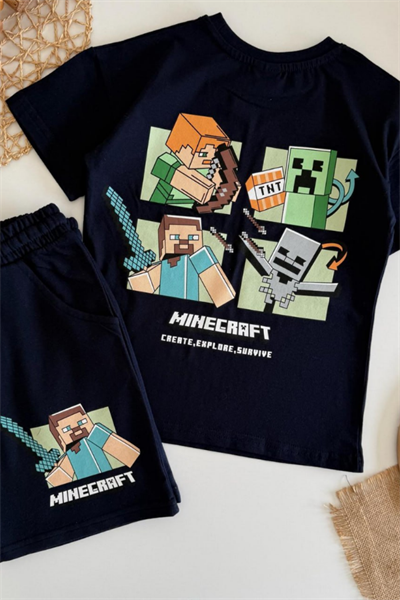 Erkek Çocuk Minecraft Baskılı Şortlu Takım Siyah