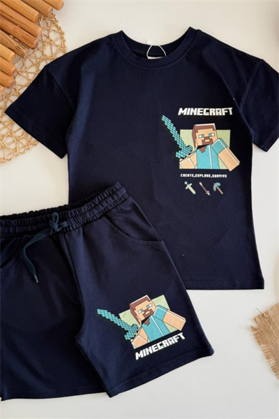 Erkek Çocuk Minecraft Baskılı Şortlu Takım Siyah