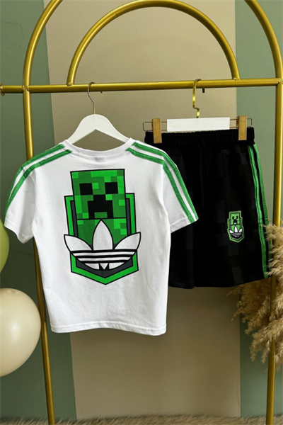 Erkek Çocuk Minecraft Baskılı Şortlu Takım Beyaz