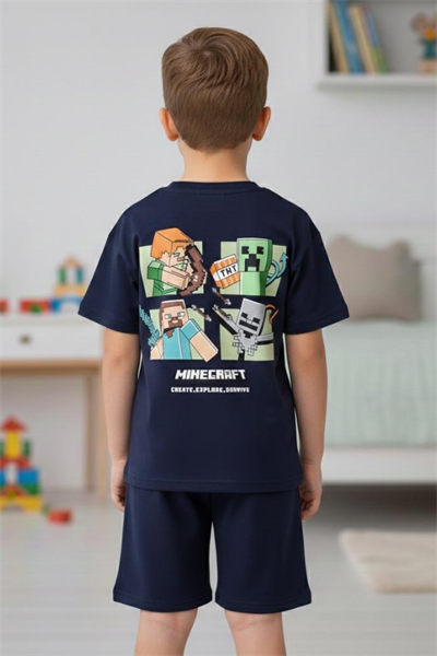 Erkek Çocuk Minecraft Baskılı Şortlu Takım Siyah