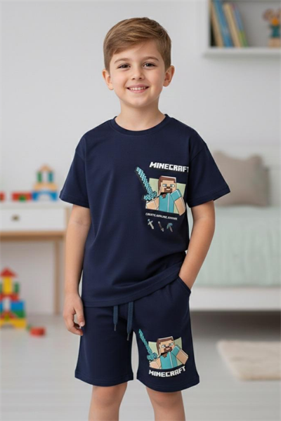 Erkek Çocuk Minecraft Baskılı Şortlu Takım Siyah