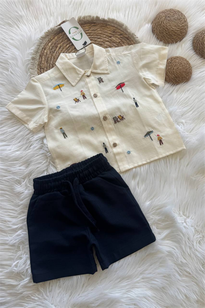 Erkek Çocuk Nakış İşlemeli Gömlek ve Denim Şort Takım