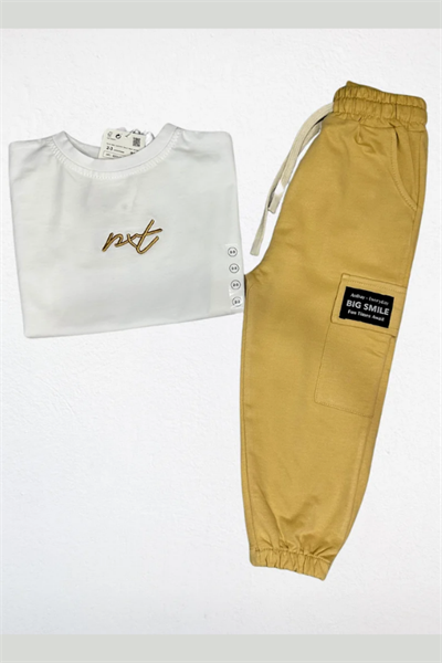 Erkek Çocuk Nakışlı Oversize Tişört ve Jogger Takım Bej