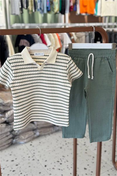 Erkek Çocuk Polo Yaka Müslin Tişört ve Pantolon Takım Yeşil