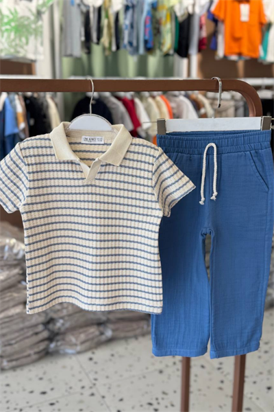 Erkek Çocuk Polo Yaka Müslin Tişört ve Pantolon Takım Mavi