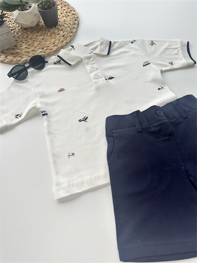 Erkek Çocuk Polo Yaka Takım – Araba Desenli Ekru & Lacivert