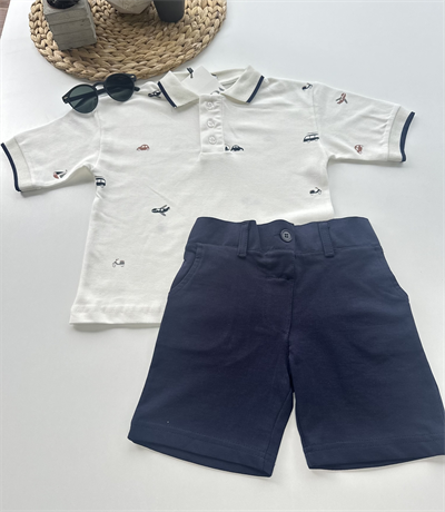 Erkek Çocuk Polo Yaka Takım – Araba Desenli Ekru & Lacivert