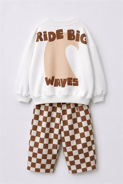 Erkek Çocuk Sweatshirt ve Damalı Eşofman Takım Kahverengi