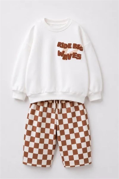 Erkek Çocuk Sweatshirt ve Damalı Eşofman Takım Kahverengi