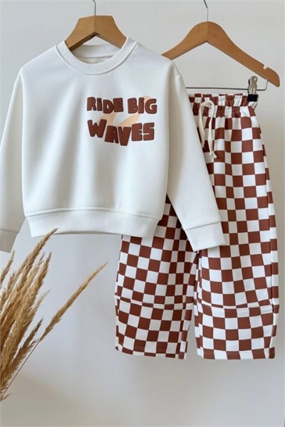 Erkek Çocuk Sweatshirt ve Damalı Eşofman Takım Kahverengi