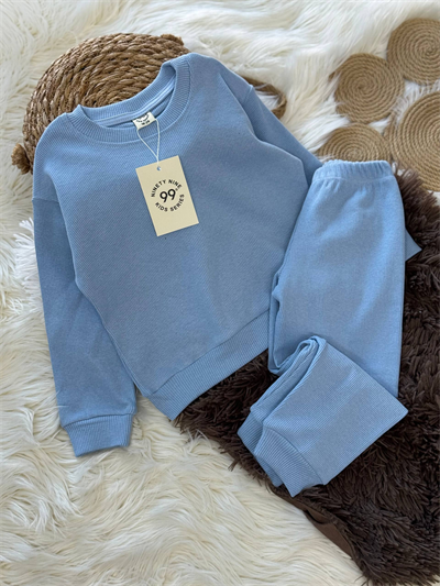Esnek Ribana Mavi Çocuk Takımı – Sweatshirt & Alt, 18 Ay–6 Yaş