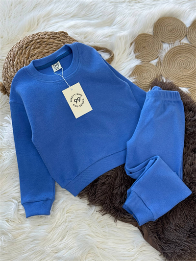 Esnek Ribana Saks Mavi Çocuk Takımı – Sweatshirt & Alt, 18 Ay–6 Yaş